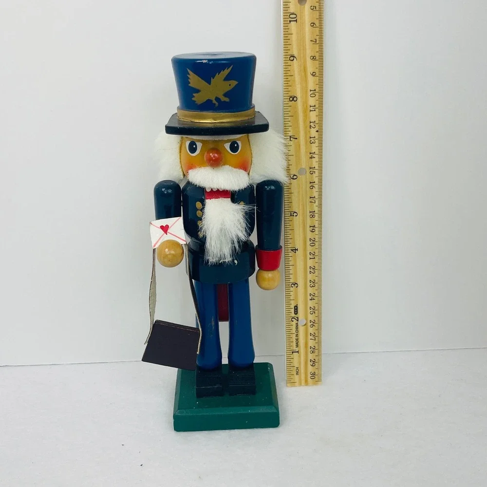 Vintage Wooden Mailman Nutcracker Postman with Letter and Mail Bag 10 Inch Blue